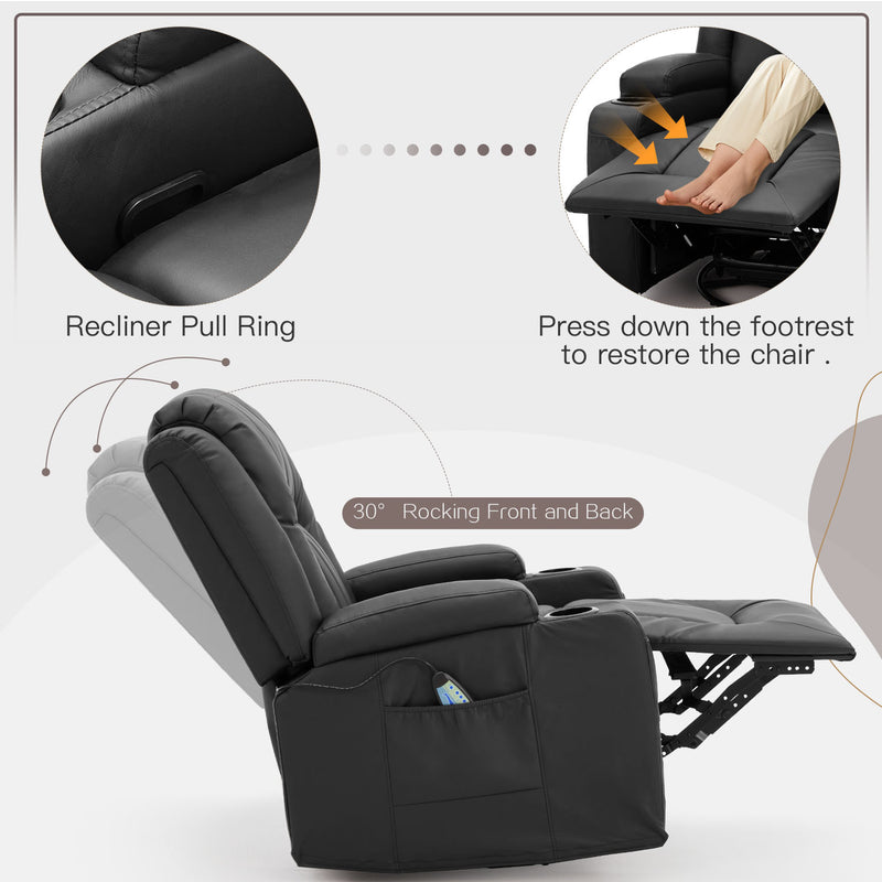 AECOJOY Massage Manual Recliner Chair with Heat and Vibration Massage, PU Leather Swivel Rocker Recliner Chair for Adults with 2 Cup Holders, Remote Control-Black