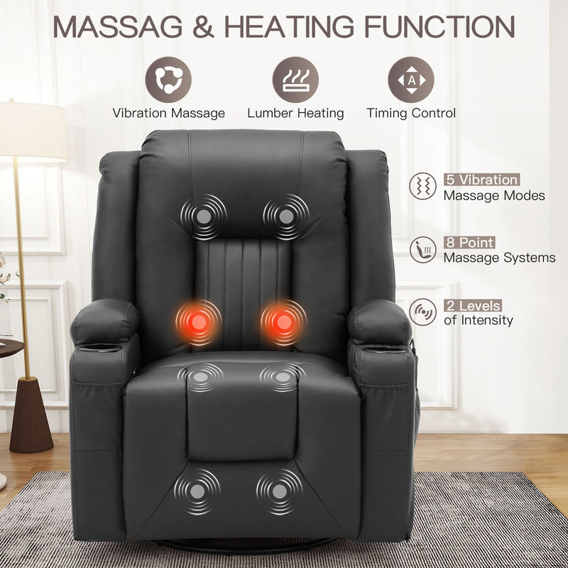 AECOJOY Massage Manual Recliner Chair with Heat and Vibration Massage, PU Leather Swivel Rocker Recliner Chair for Adults with 2 Cup Holders, Remote Control-Black