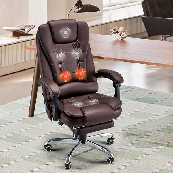 YODOLLA 7 Points Massage Office Chair with Heat Ergonomic Reclining Computer Chair High Back Desk Chair w/Retractable Footrest Ergonomic Leather Office Chair，Brown