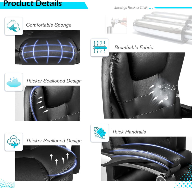 AECOJOY Ergonomic Reclining Office Chair, Heat & Massage High Back Desk Chair w/Adjustable Height, Executive Swivel Leather Chair for Office, Home, Study, Black