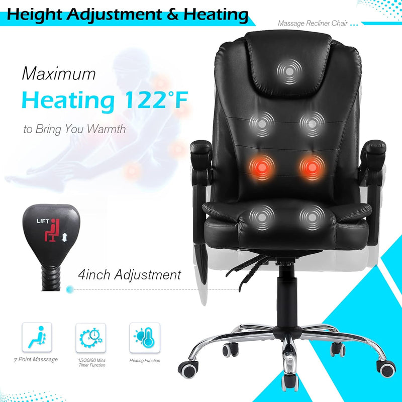 AECOJOY Ergonomic Reclining Office Chair, Heat & Massage High Back Desk Chair w/Adjustable Height, Executive Swivel Leather Chair for Office, Home, Study, Black