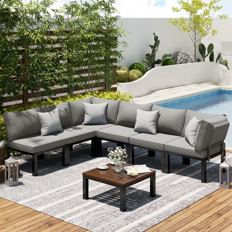 AECOJOY 7 Pieces Metal Outdoor Sectional Sofa with Waterproof Cover,Patio Furniture Sets on Sales Patio Conversation Set with Coffee Table Clearance,Gray