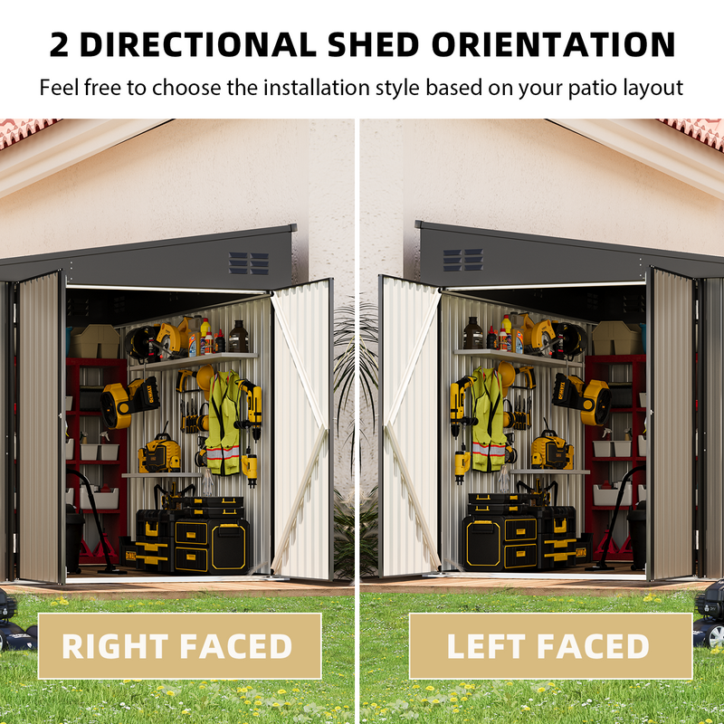 YODOLLA 8' x 10' Outdoor Metal Storage Side Shed with Lockable Door Metal Attached Lean-To Shed for Backyard in Grey
