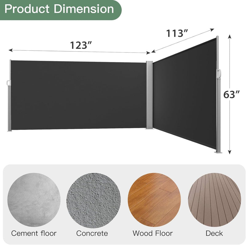 YODOLLA 236" x 63" Black Polyester Double Retractable Outdoor Privacy Screen