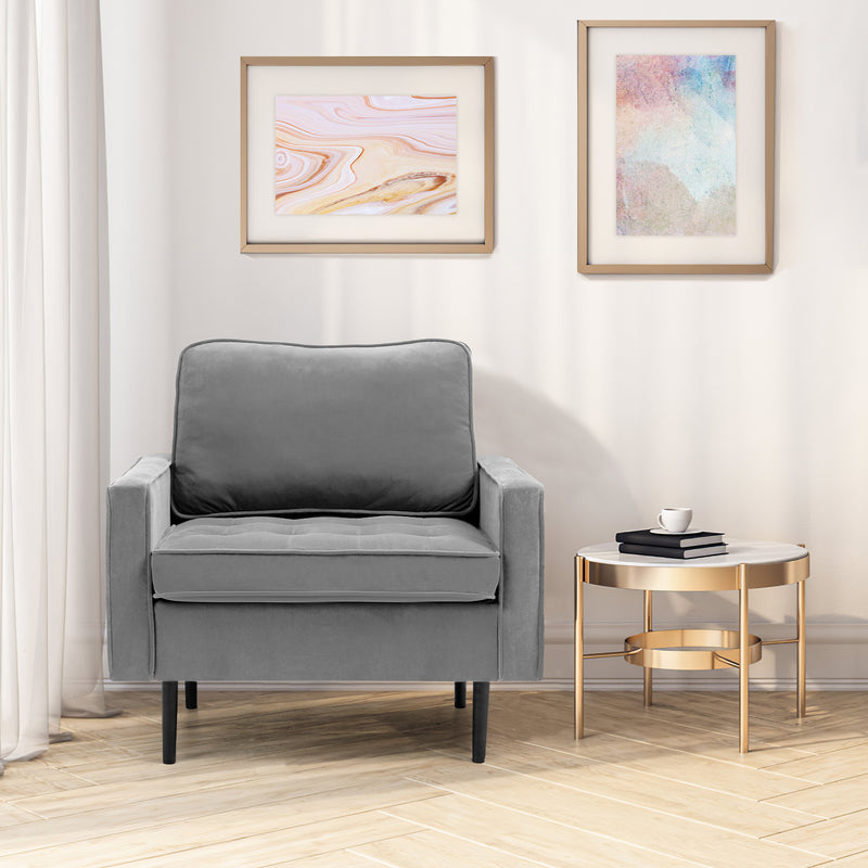 AVAWING Modern Velvet Single Sofa Chair Set of 2 with Cushions Accent Armchair with Metal Legs Comfy Tufted Upholstered Armchair for Living Room, Bedroom, Office, Reading Room, Grey