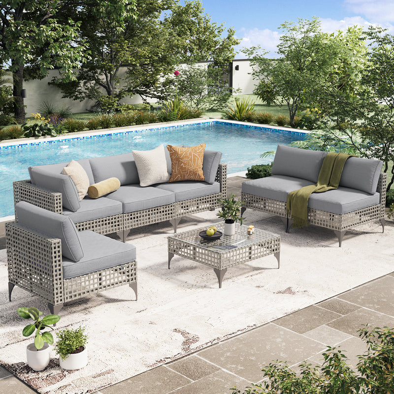 YODOLLA 7-Piece Patio Furniture Set with Tea Table, Rattan Wicker Outdoor Sectional Furniture Sofa Conversation Set, Grey Rattan&Light Grey Cushions