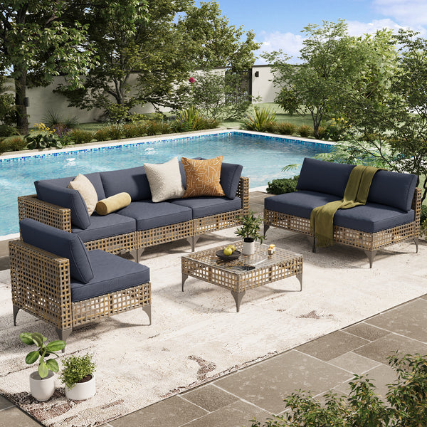 AECOJOY 7-Piece Patio Furniture Set, Boho Style Rattan Wicker Sectional Sofa Couch in Dark Brown Rattan& Dark Grey Cushions