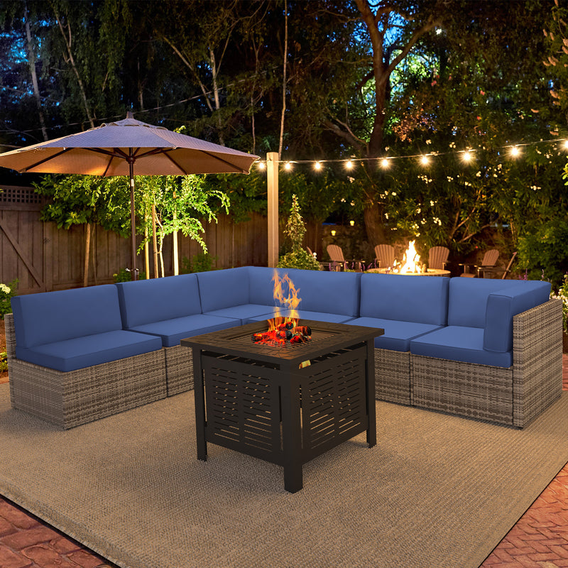 YODOLLA 7-Piece Patio Furniture Set with 30" Fire Pit Table, Rattan Wicker Outdoor Sectional Sofa Couch with Table Patio Conversation Set for Lawn& Backyard In Dark Blue