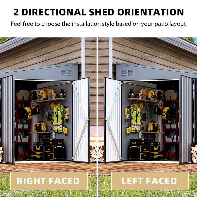 YODOLLA 8' x 10' Outdoor Metal Storage Side Shed with Lockable Door Metal Attached Lean-To Shed for Backyard in Dark Grey