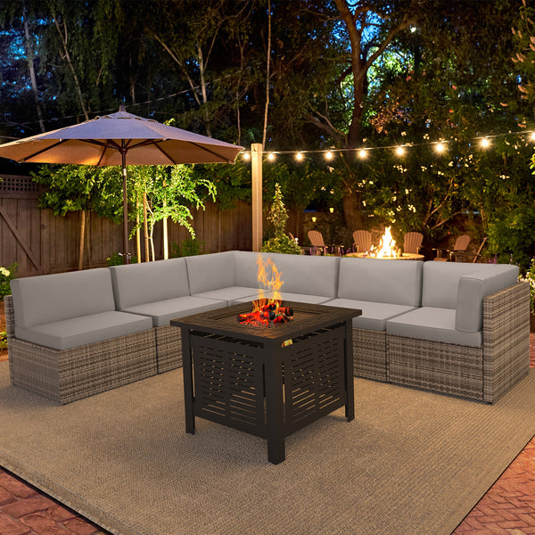 YODOLLA 7-Piece Patio Furniture Set with 30" Fire Pit Table, Rattan Wicker Outdoor Sectional Sofa Couch with Table Patio Conversation Set for Lawn& Backyard In Gray