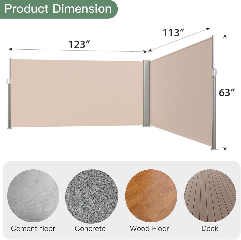 YODOLLA Double Retractable Side Awning, 236" x 63"Double Side Awning, Waterproof Folding Outdoor Privacy Screen, 280g Premium Polyester Fabric Room Divider for Patio, Garden and Terrace, Beige