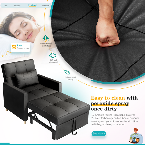 YODOLLA Sleeper Sofa Chair, 3 in 1 Sleeper Chairs for Adults, Pull Out Chair Bed Sleeper with Extra Pillow and Multi-Functional Fold Out Chair Bed for Small Space (Black leather)