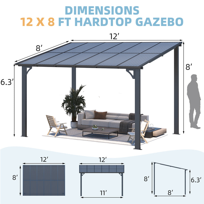 AECOJOY 8' x 12' Hardtop Gazebo Outdoor Aluminum Pergola For Garden, Patio, Backyard-Black