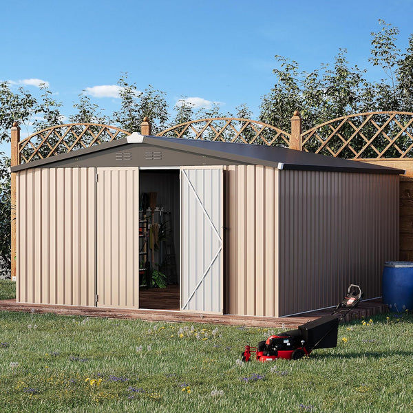 AECOJOY 12' x 12' Outdoor Metal Storage Shed with Lockable Door for Backyard & Patio in Gray