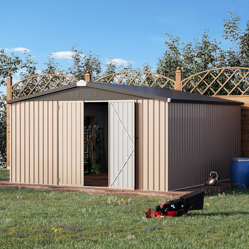 AECOJOY 12' x 12' Outdoor Metal Storage Shed with Lockable Door for Backyard& Patio, Outside use