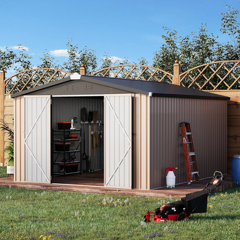 AECOJOY 10' x 14' Outdoor Storage Shed with Lockable Door Patio Metal Garden Storage Building in Brown for Outside