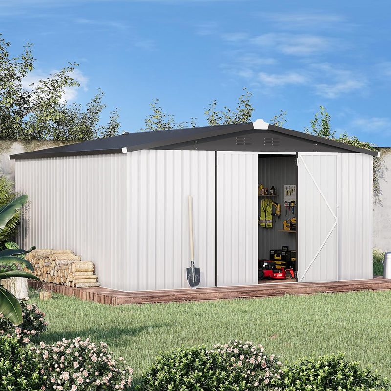 YODOLLA 12 x 12 ft. Outdoor Metal Storage Shed with Sliding Roof & Lockable Door in White