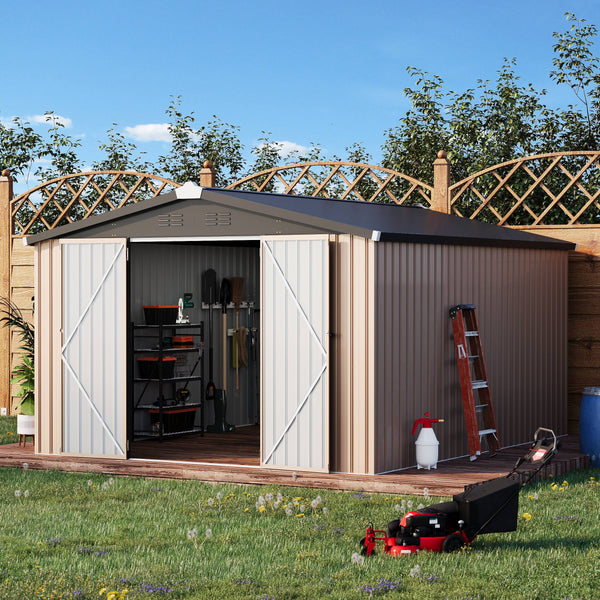 AECOJOY 10' x 14' Outdoor Storage Shed with Lockable Door Patio Metal Garden Storage Building in Brown for Outside