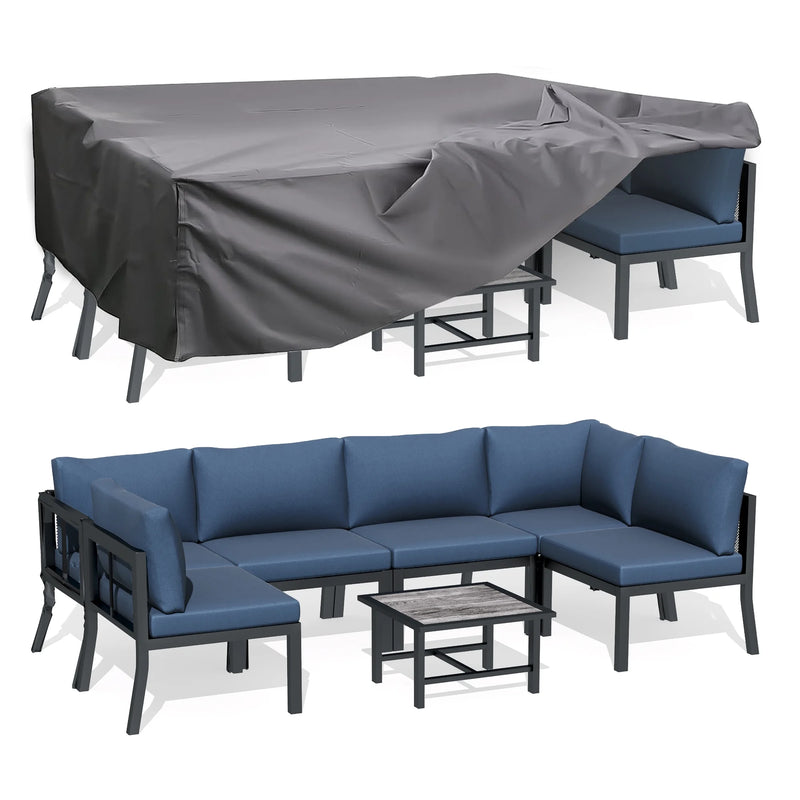 AECOJOY 7-Piece Metal Mesh Outdoor Furniture Set with Cushions and Waterproof Cover, Wooden Table, Ideal for Garden, Backyard, Balcony, & Lawn (Blue)