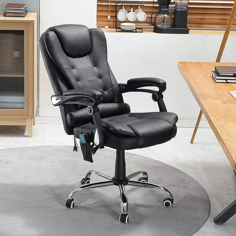 AECOJOY Ergonomic Reclining Office Chair, Heat & Massage High Back Desk Chair w/Adjustable Height, Executive Swivel Leather Chair for Office, Home, Study, Black