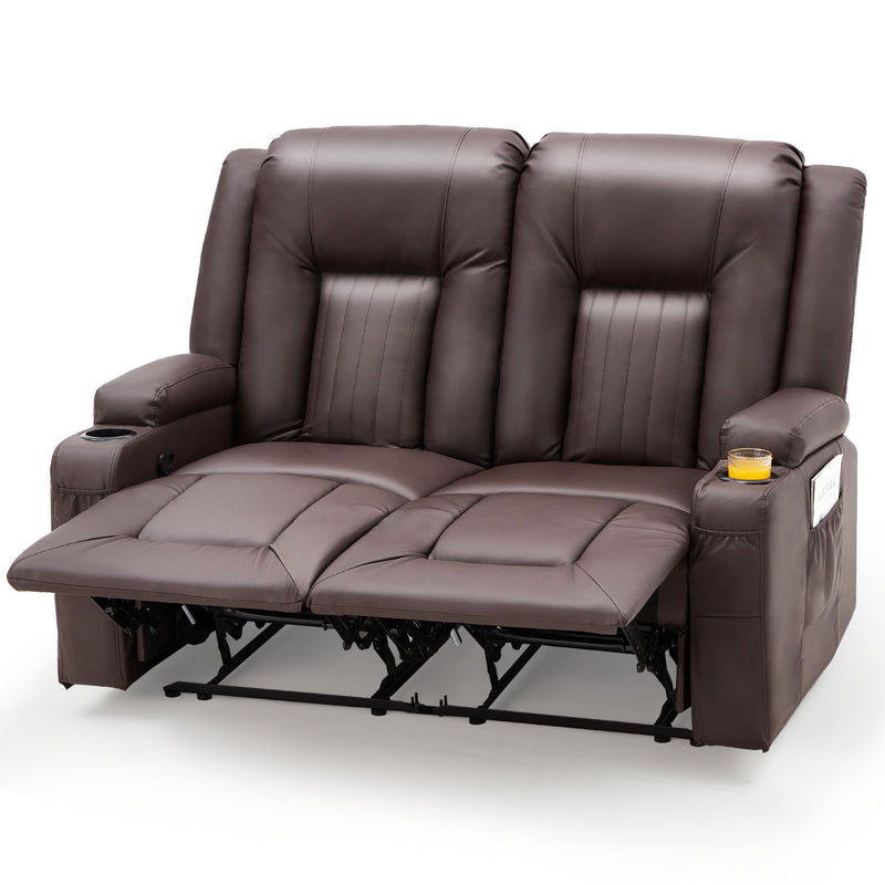 AECOJOY Manual Reclining Loveseat with Cup Holders&Side Pockets, PU Leather Double Recliner Loveseat Home Theater Seating-Brown