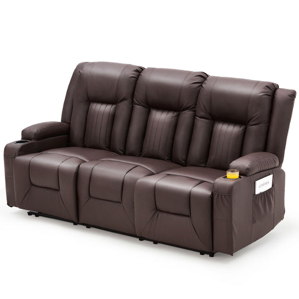 AECOJOY Manual Reclining Sofa with Cup Holders&Side Pockets, PU Leather Home Theater Seating, 3 Seat Recliner Chair for Adults-Brown