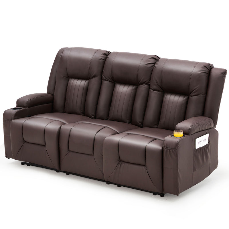 AECOJOY Manual Reclining Sofa with Cup Holders&Side Pockets, PU Leather Home Theater Seating, 3 Seat Recliner Chair for Adults-Brown
