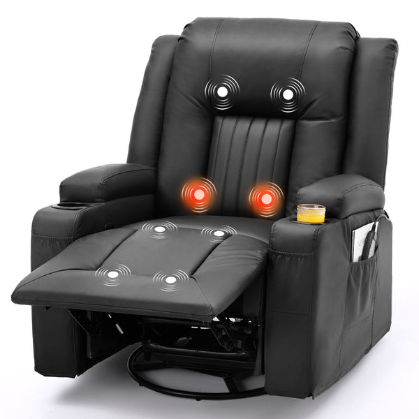 AECOJOY Massage Manual Recliner Chair with Heat and Vibration Massage, PU Leather Swivel Rocker Recliner Chair for Adults with 2 Cup Holders, Remote Control-Black