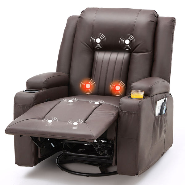 AECOJOY Massage Manual Recliner Chair with Heat and Vibration Massage, PU Leather Swivel Rocker Recliner Chair for Adults with 2 Cup Holders, Remote Control-Brown