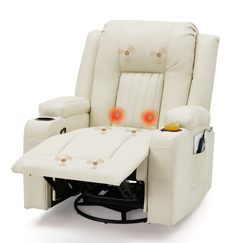 AECOJOY Massage Manual Recliner Chair with Heat and Vibration Massage, PU Leather Swivel Rocker Recliner Chair for Adults with 2 Cup Holders, Remote Control-Cream White