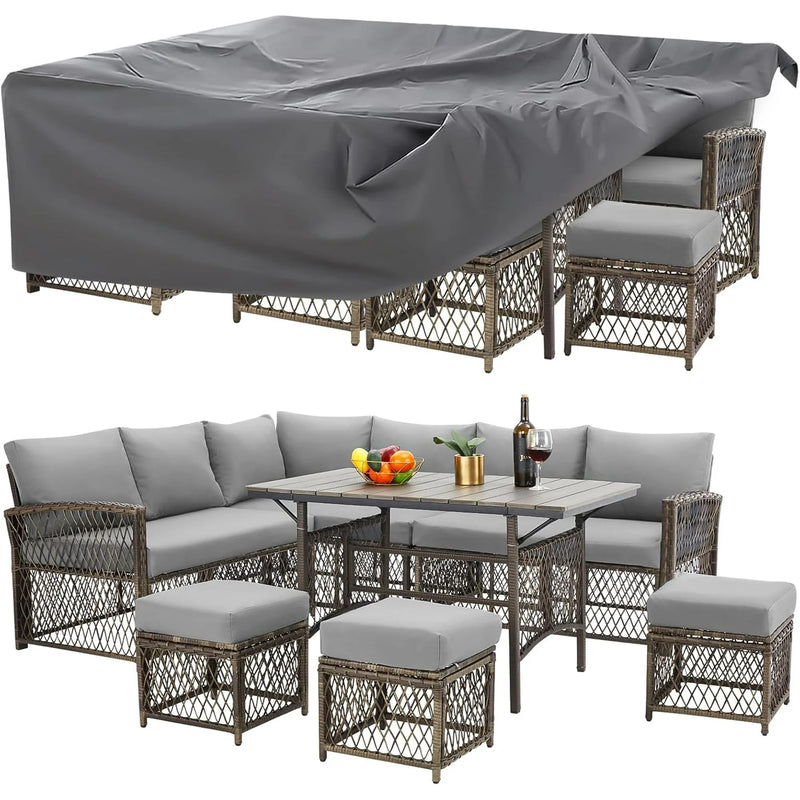 AECOJOY Patio Furniture Set with Cover, 7 Pieces Wicker Outdoor Sectional Sofa with High Table and Chairs, All Weather PE Rattan Conversation Dining Set with Ottoman, Grey Cushions