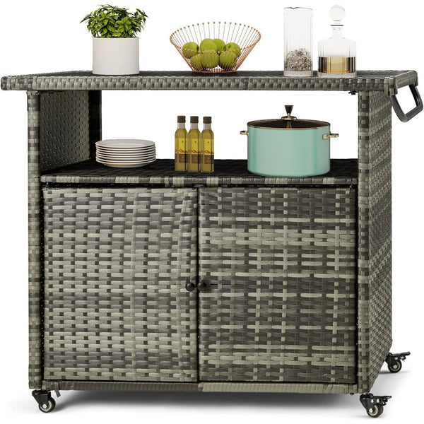 AECOJOY Patio Wicker Bar Tables with Wheels&Shelf Patio Serving Table Outdoor Storage Cabinet Outdoor Bar Cart
