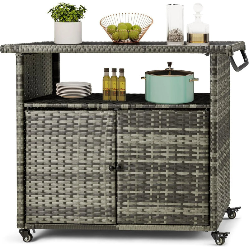 AECOJOY Patio Wicker Bar Tables with Wheels&Shelf Patio Serving Table Outdoor Storage Cabinet Outdoor Bar Cart