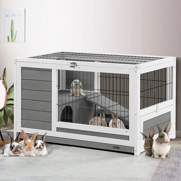 AECOJOY Rabbit Hutch with Deeper No Leak Tray & Run 35.4’’ Pet House for Small Animals Rabbit Cage Guinea Pig House Bunny Hutch Indoor & Outdoor