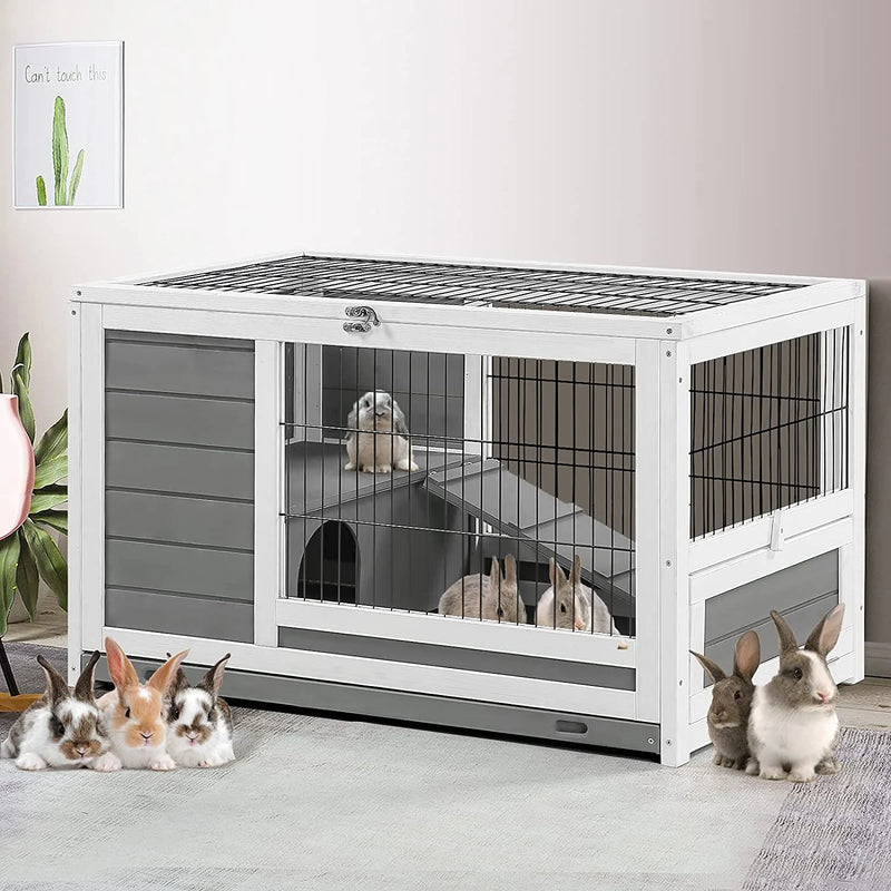 AECOJOY Rabbit Hutch with Deeper No Leak Tray & Run 35.4’’ Pet House for Small Animals Rabbit Cage Guinea Pig House Bunny Hutch Indoor & Outdoor