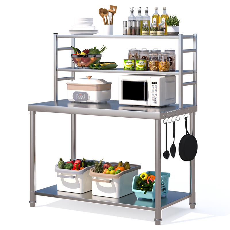 AECOJOY Stainless Steel Work Table with Hooks Commercial Kitchen Prep Table With Two Shelves Heavy Duty Work Table for Commercial Kitchen Restaurant