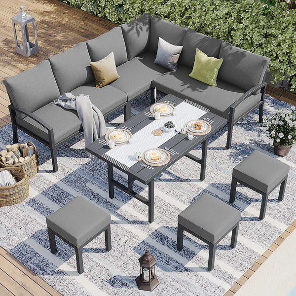 YODOLLA 10 Pieces Metal Patio Furniture Sets Outdoor Conversation Set with Dining Table and Chair, Grey