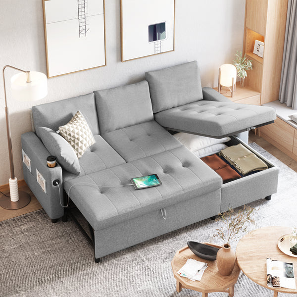 YODOLLA Sofa Bed, 3 in 1 Sleeper Sofa with Storage Chair, Fabric L Shape Couch, Sectional Pull Out Sofa Bed Mid Century Modern Couch for Living Room Clearance, Comfy Sleeper Couch in Gray
