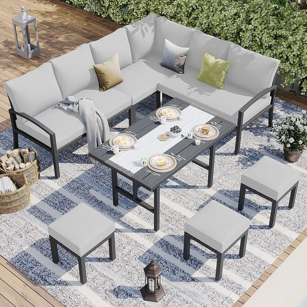YODOLLA 10 Pieces Metal Patio Furniture Sets Outdoor Conversation Set with Dining Table and Chair, Light Grey