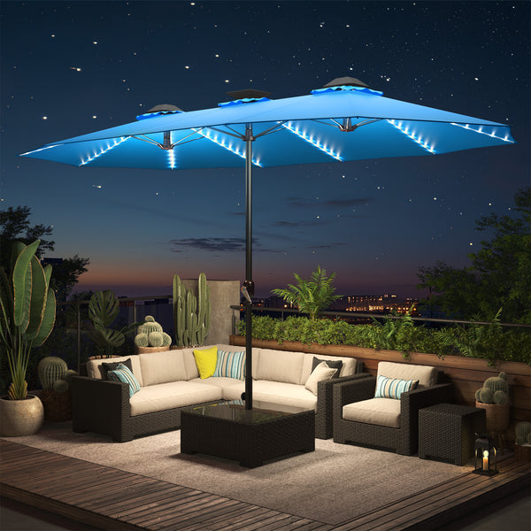 YODOLLA 15ft Patio Umbrella with Solar Lights, Outdoor Large Double Umbrella with 156 PCS LED Lights and Crank Handle for Backyard Deck Pool Shade, Blue