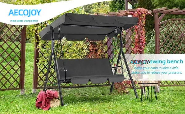 YODOLLA 3-Seat Outdoor Steel Porch Swing with Canopy, Swing Glider-Gray, Free Standing Porch Swing