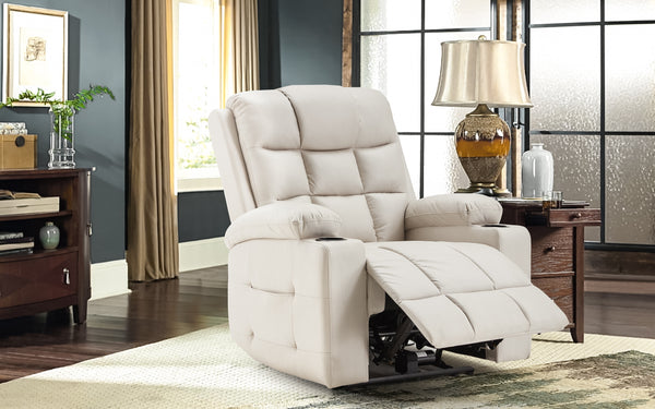 YODOLLA Oversized Nursery Electric Recliner Chair, Power Sofa with USB & Cup Holders, Breathable Leather Fabric, Home Theater Seating in White