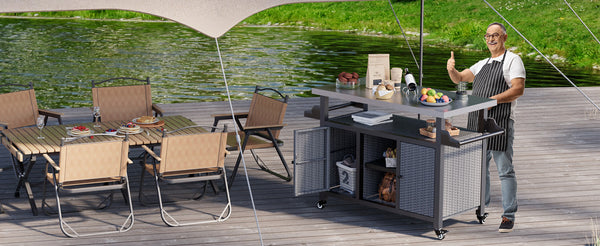 YODOLLA Outdoor Bar Cart with Rattan Storage Cabinet, Outdoor Prep Table Grill Cart with Rolling Wheels, Gray