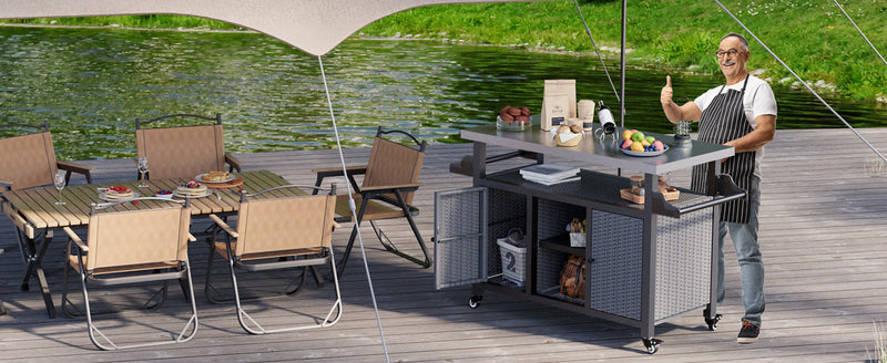 YODOLLA Outdoor Bar Cart with Rattan Storage Cabinet, Outdoor Prep Table Grill Cart with Rolling Wheels, Gray
