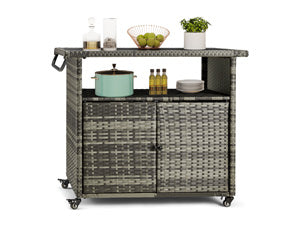 YODOLLA Outdoor Bar Cart with Rattan Storage Cabinet, Outdoor Prep Table Grill Cart with Rolling Wheels, Gray