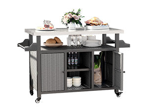 YODOLLA Outdoor Bar Cart with Rattan Storage Cabinet, Outdoor Prep Table Grill Cart with Rolling Wheels, Gray