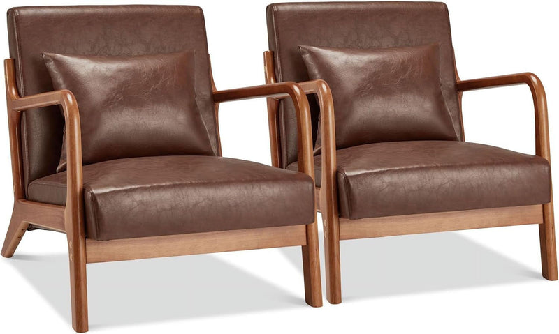 Aecojoy Accent Chair for Living Room Mid Century Modern Faux Leather Arm Chair Set of 2 in Brown for Bedroom