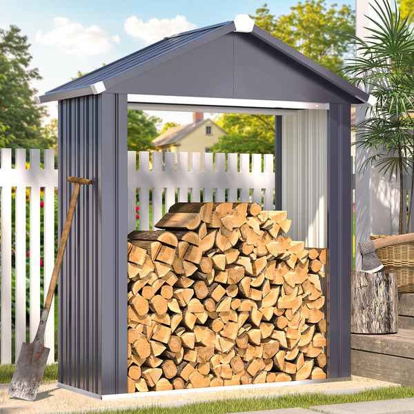 YODOLLA 2 x 5 ft. Outdoor Firewood Storage Rack, Waterproof Metal Log Carrier Holder Organizer for Garden& Patio in Gray