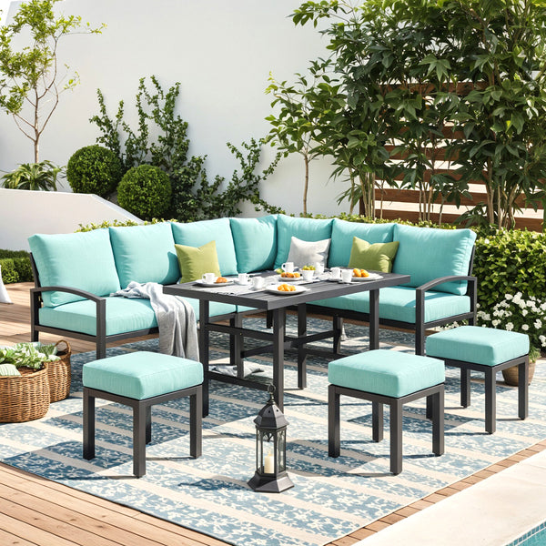 YODOLLA 7 Pieces Metal Patio Furniture Sets Outdoor Conversation Set with Dining Table and Chair, Green
