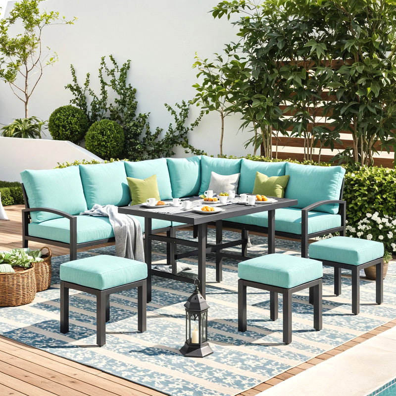 AECOJOY 7 Pieces Metal Patio Furniture Sets Outdoor Conversation Set with Dining Table and Chair, Green